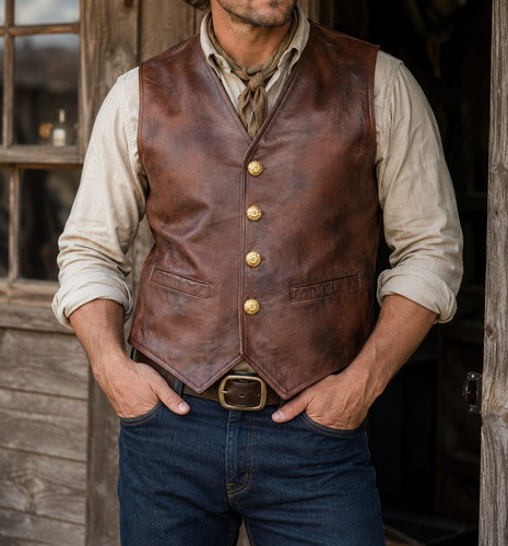 Men brown leather vest - men's,
