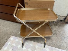 Vintage Retro Gold Metal Folding Tea Drinks Trolley Wood Effect Trays