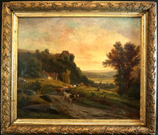 LARGE c1850 FLEMISH SCHOOL CATTLE & HERDER AT SUNSET SIGNED ANTIQUE OIL PAINTING