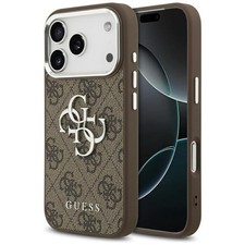 Case For iPhone 17 Pro Faux Leather Guess Brown Big Logo Silver Metal