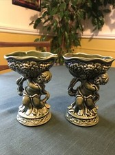Pair Of Royal Wessex Pottery Green Cherub Dish Bowl Ornament 14cm tall