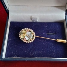 Vintage Pastel Porcelain Flowers with Faux Pearl Trim Long PIN