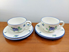 Pair Royal Doulton Everyday Blueberry Pattern Trios - Cup, Saucer & Side Plate