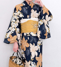 Women’s Japanese Yukata Summer Kimono Cute Flower Print with Obi Set