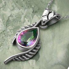 Handmade 925 Sterling Silver Mystic Fire Topaz Leaf Necklace For Women Boxed