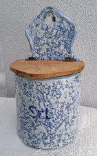 Vintage Enamel Salt box / tin Blue marbled French / Sel