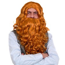 LONG BLONDE CURLY WIG & BEARD VIKING FANCY DRESS SET ADULTS ACCESSORY COSTUME