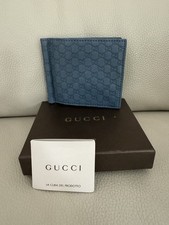 Authentic Gucci Guccissima GG Leather Blue Bifold Money Clip Wallet. New
