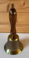 Vintage Brass Turned Wood Hand Held Bell Heavy School Teacher Alter Height 9.7''