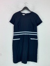 Hobbs Navy White Trim Knee Length Shift Cotton Dress Short Sleeve Zip Back UK 16
