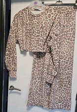 PRIMARK BROWN & BEIGE LEOPARD JERSEY 2 PC TRACKSUIT SET CROP HIGH WAIST 2XS 6/8