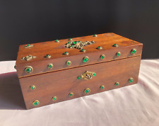 Antique Wooden Jewellery Box Glass Headed Pins Nails Studs Brass Washers + Key
