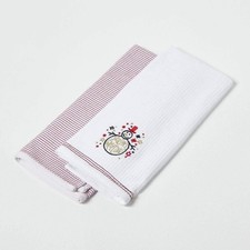 Snowman Christmas Tea Towel Set 2 Pack Cotton Red White Embroidered Festive