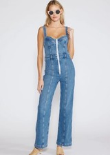 Etica Anna Denim Bustier Jumpsuit Size Small Zipper Flare Catsuit Cabo Cotton