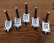 5 X OLD STYLE CHROMED CAST IRON  SCHOOL COAT HOOKS ~ CERAMIC NUMBER INSERTS