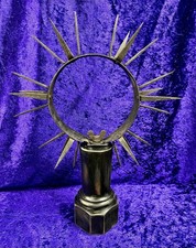 Antique Iron Wolf Guard Spiked Dog Collar On Ebony Column Stand Base. Curios