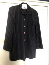Charlotte Halton ladies long, lined, dark navy, pinstriped jacket, size 12