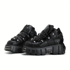 Gothic Punk Style Women's Ankle Boots - Lace-Up, Thick Heel, Round Toe Metal Dec