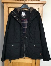 Fat Face Quilted Jacket Size 16 Black Lightly Padded Furry Hood Warm *Unworn*