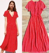 Zara Red White Floral polka Print Midi Maxi Button Down Summer Tea Dress Size L