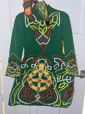 VINTAGE HAND MADE CELTIC IRISH DANCING EMBROIDERED DRESS WITH TWO TIARAS GREEN