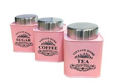 SET OF 3 TEA COFFEE SUGAR CANISTERS KITCHEN STORAGE POTS JARS -Barrel, Vintage