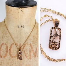 Vtg 1970s 1/4 OZ Symbol Ingot Pendant Chain Necklace Gold Plated Unisex Retro