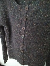 Ladies Handknitted Ribbed Cardigan. Pure wool, black with rainbow flecks.