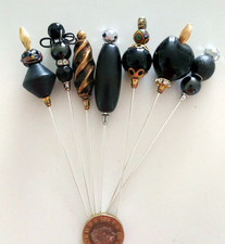 Vintage Bead Hat Pins Lot Black Gold Hematite Silver.. each unique 5" made in UK