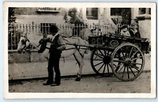 Horse & Two Wheel Painted Gypsy Cart Bowler Hat On Street Original RP Postcard 