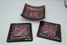Set of Frank Neikes Cornish Art Glass - Floral Trinket Dish and Pair of Coasters
