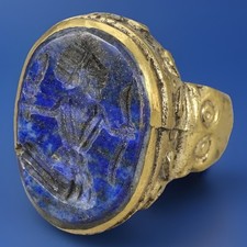 Antique Afghan/Turkmen lapis lazuli intaglio Gold Gilt Ring Sz 8.5