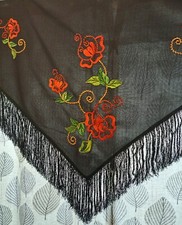Vintage Spanish Embroidered Shawl - 184cm Wide 80cm Depth Plus 15cm Fringe