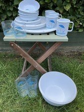 VTG Melamine Picnic Set Blue/Green/White Tray,bowl, 4-Plates,bowls,glasses,cups