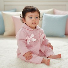 Baby Girl Jacket Knitted Outfit Set Trousers Pram Suit BOWS Pink