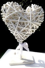 Wooden Woven Chic Wicker White Bowed Love Heart Ornament Sculpture