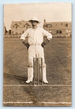 POSTCARD CRICKET WICKET KEEPER ON PITCH STUMPS RPPC UNIDENTIFIED GROUND