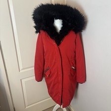 RIVER ISLAND SIZE 12 RED PARKA COAT JACKET WOMENS FAUX FUR HOOD PADDED MIDI