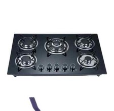 5 BURNER GAS HOB, GLASS ON BLACK SURFACE, SET WITH BLACK CAST IRON  L770MM  W520