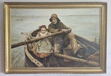Oil on Canvas After The Newlyn School " Fisherman and Child in rowing boat "  