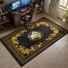 Black Versace Rug, Gold Greek Key Carpet, Versace Style Mat, Ornate Decor