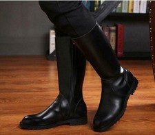 Men Black Leather Knee High Riding Boots Round Toe Side Zipper Combat Shoes