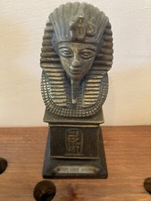 King Tut Bust Statue Figurine Egypt Pharoah Heavy Metal Wood Base Vintage 7in H