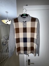 Aquascutum Long Sleeved Polo Shirt Medium Brown Cream Blue Grey Large-Plaid