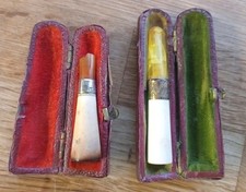 2 x Antique Cheroot Amber & Meerschaum Tobacco Pipe Im Case Great Vintage Item