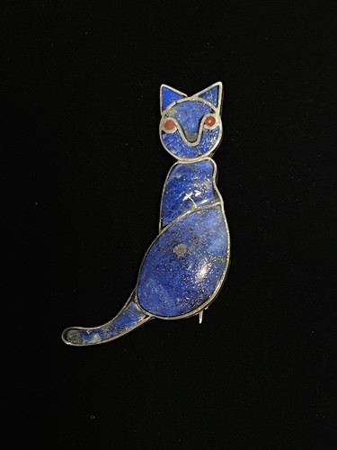 Vintage lapis cat brooch - cat, or