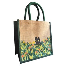 BLACK CAT IN MEADOW JUTE SHOPPING BAG natural fair trade eco shopper NEW!