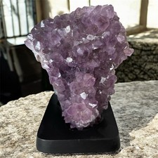 Large Natural Purple AMETHYST Crystal Cluster Geode Specimen on Wood Stand base