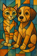Cubist Cat and Puppy Painting