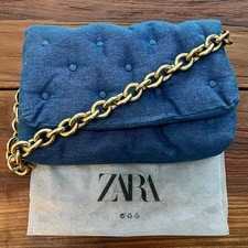 Zara Blue Quilted Padded Denim Shoulder Flap Bag Chunky Gold Metal Chain. Unused